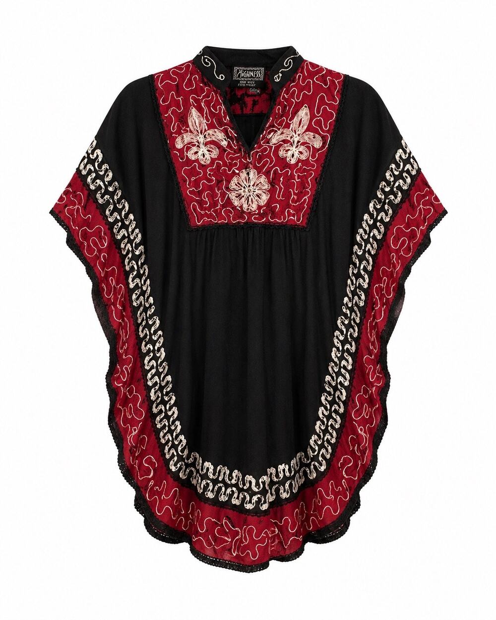 Higness NYC Embroidered Boho Caftan Poncho Tunic Top Black Red One Size